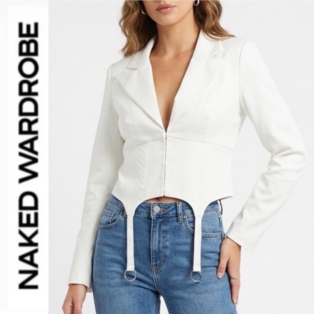 Naked Wardrobe 🤍 white satin garter blazer ~ Small